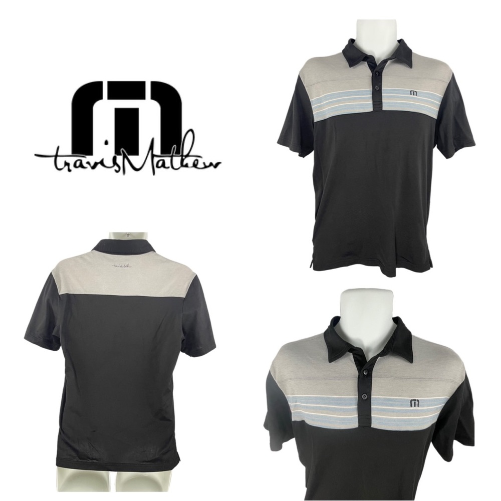 Travis Mathew Men's Polo Shirt Size S, Black & Gray with Unique Sleeve Embroider